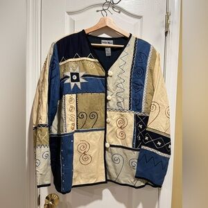 Indigo Moon Embroidered Shirt Womens 1X Tan Blue Mirrored Swirls Linen Blend